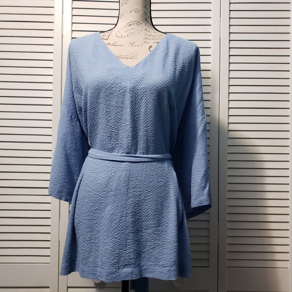 Asos Belted Top Women's Size 18 Blue‎ Gauzy Short Sleeve V-Neck Boxy Blouse